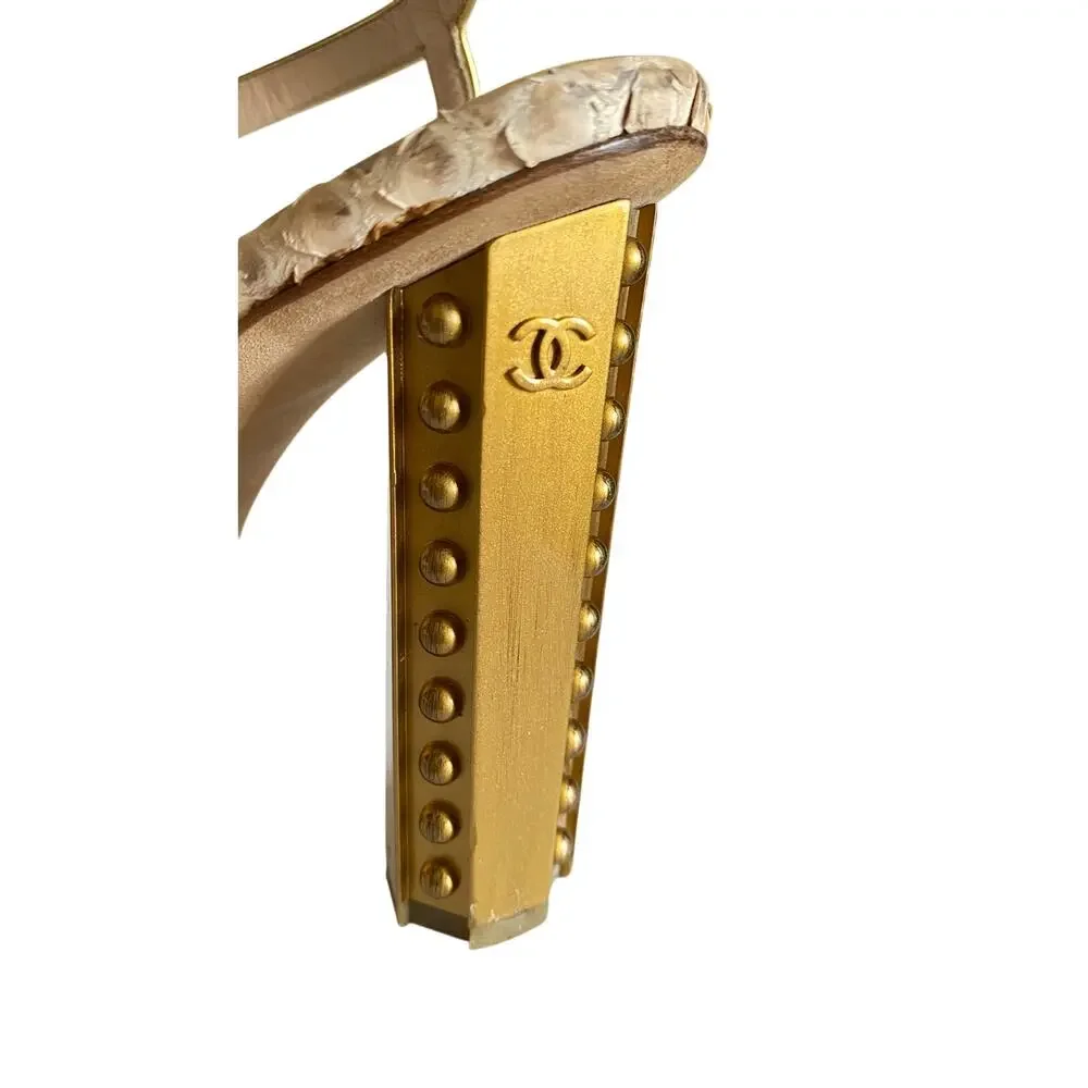 Chanel Python T-Strap Sandals 39.5 Gold Studded CC Column Heels Made in Italy